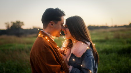 Couple Valentines day in the night with led strip lightsの写真素材