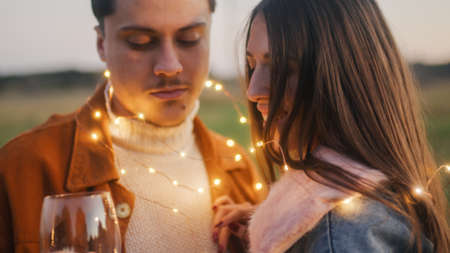 Couple Valentines day in the night with led strip lightsの写真素材