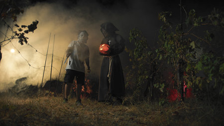 Monster And Monk For Halloween Mystery Night In Forestの写真素材