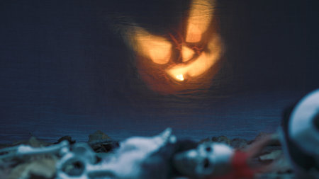 Scary Glowing Halloween Pumpkin And Skeletonの写真素材