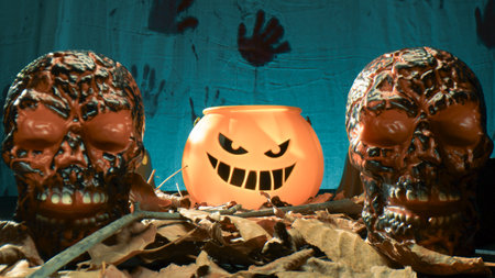 Between Monsters And Halloween Pumpkin