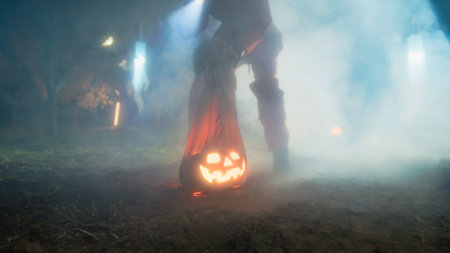 Monster Drags Halloween Pumpkin In Foggy Forest At Night Among Ghostsの写真素材