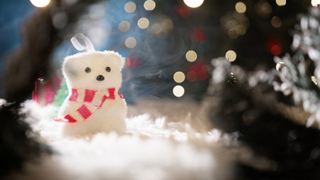 Plush Toys On The Christmas Table With Lights