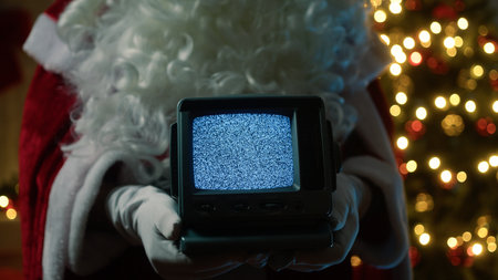 Santa Claus Holds Static Television Signal In Front Of Christmas Treeの写真素材