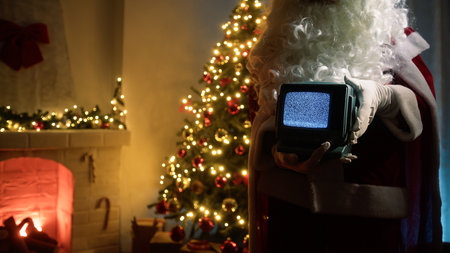 Santa Claus Turns On Vintage Television Static Signal Noise And Christmas Tree