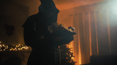 Silhouette Religious Monk Reads Bible Book In Front Of Christmas Tree At Nightの写真素材