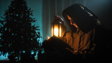 Religious Monk Reads Christian Bible On Christmas Night Near Tree In The Roomの写真素材