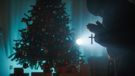 Man Prays With Crucifix In Front Of Christmas Tree In Silhouetteの写真素材