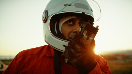 Astronaut With Helmet Talks On The Radio Just Landed On A Hostile Planet