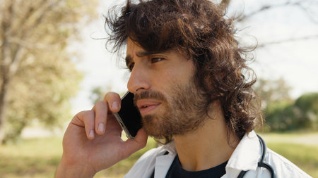 Long Hair Male Doctor Talks On The Phone Bad News Outside The Hospitalの写真素材
