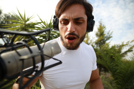 Singer sets up the microphone and sings playing the keyboardの写真素材