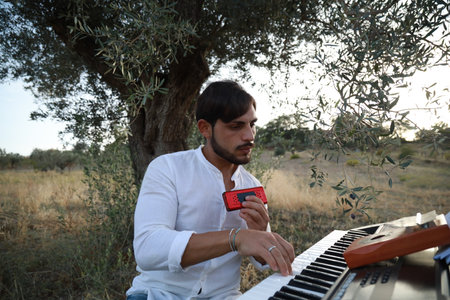 Boy Plays Music With Harmonica And Keyboard Among The Olive Trees Of Calabria