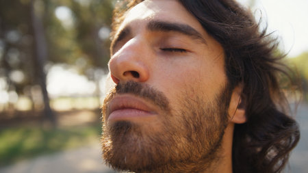 Italian Man with Long Hair Breathes Concentrated Pure Air in the Mountainsの写真素材