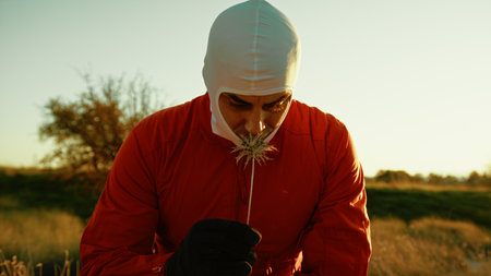 Astronaut Smells A Flower And Crawl On Landの写真素材