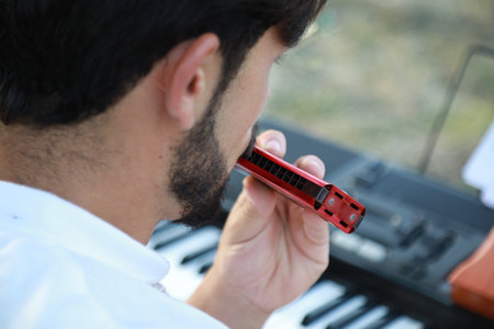 Boy Plays Music With Harmonica And Keyboard Among The Olive Trees Of Calabriaの写真素材