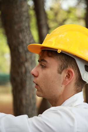Engineer Gives Orders To Workers In A Forest With Trees