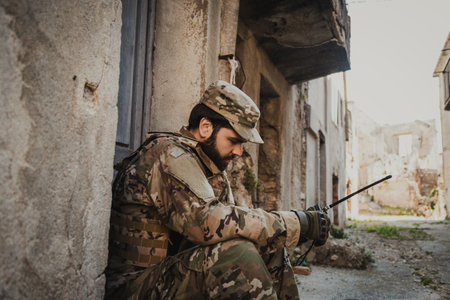 Soldier Sitting Near A Ruin Communicates With His Team In The Destroyed Cityの写真素材