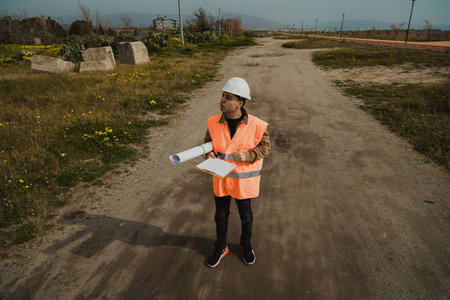 Architect Walking On The Construction Site With The Map In His Hands