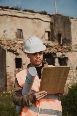 Engineer On The Construction Site Looking At The Old Building And Takes Notesの写真素材
