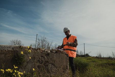 Engineer Looking Around The Construction Site And Taking Notesの写真素材
