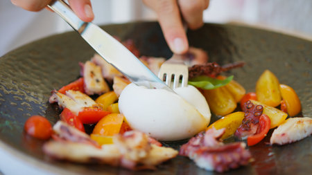 Fork And Knife Cutting In Half Mozzarella At The Center Of The Fish Dishの写真素材