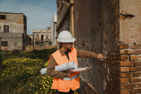 Builder Doing Measurements On The Old Building Outdoorの写真素材