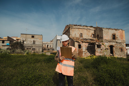 Engineer On The Construction Site Looking At The Ruined Building And Taking Notesの写真素材