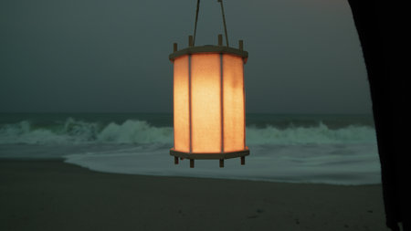 Scary Lantern Held By A Silent Fisherman On Halloween Nightの写真素材