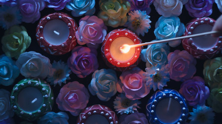 Lighting candles among flowers for the Indian festival of Diwali