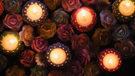 Diwali candles and flowers at night rotating overheadの写真素材
