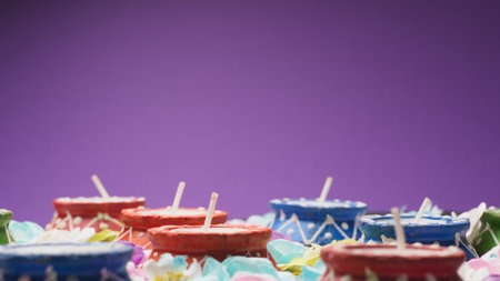 A rotation of candles and flowers for the Indian festival of Diwali copy spaceの写真素材