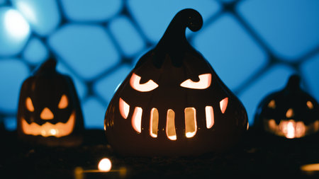 Glowing Halloween pumpkins with candles and lights in silhouette at night