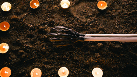 Skeleton hand moves on Halloween graveyard ground in the scary night