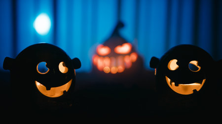 Smiling Halloween monsters and pumpkin teacher in the backgroundの写真素材