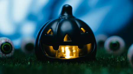 Horror Halloween black pumpkin amidst scary eyes at nightの写真素材