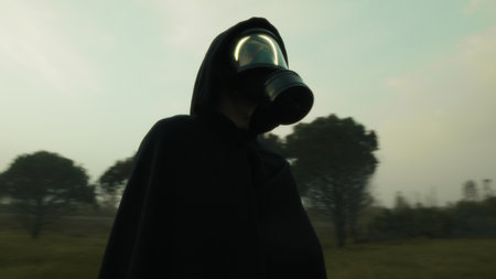 After the Nuclear Disaster One Man Looks Around With Gas Mask Destroyed Natureの写真素材