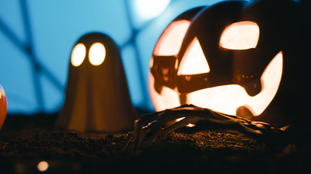 Animated Halloween pumpkin moves fearfully on the groundの写真素材