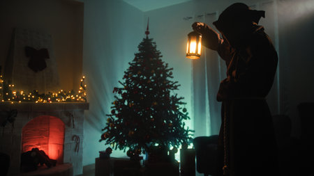 Mysterious Hooded Man Believes In Christmas In His Dark Room At Nightの写真素材