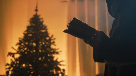 Silhouette Of A Mysterious Man Reads Book In Front Of Christmas Tree In The Roomの写真素材