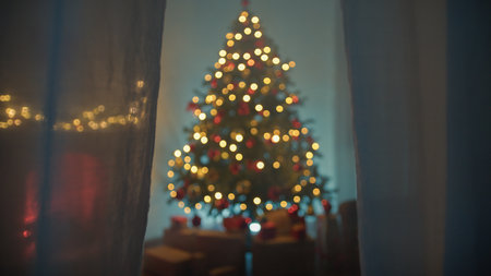 Christmas Night With Window Curtain And Passage Throughの写真素材