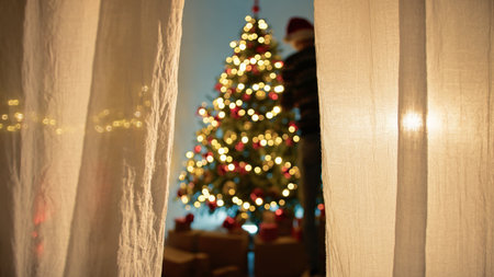 Shadows On Man Making Decorating Christmas Treeの写真素材
