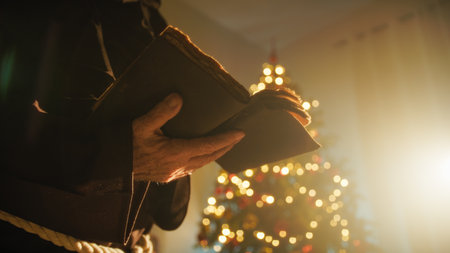 Religious Monk Prays On Christmas Night With Open Gospel In Front Of The Treeの写真素材