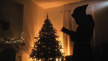 Silhouette Esoteric Hooded Man Reads Book In Front Of Christmas Treeの写真素材