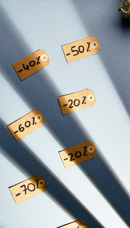 Sale text flowing over freebies and discount percentages overhead shotの写真素材