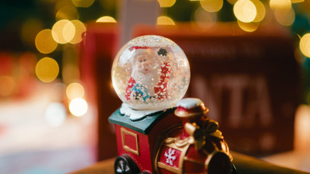 Little Santa Claus train with falling snow at Christmasの写真素材