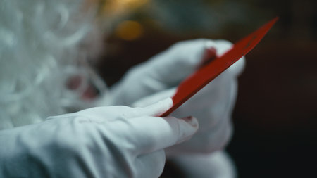 Santa Claus Reads Childrens Wish Letters in His Hands