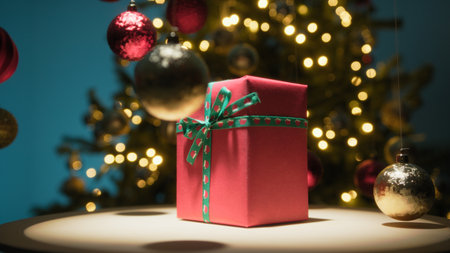Red Christmas Gift Box Spins on a Turntable Against The Tree