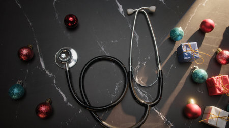 Medical Christmas Background with Colorful Balls and Giftsの写真素材