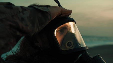 American soldier salutes his superior general on the beach near ocean at night
