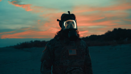 Always Faithful Military Salute Silhouette At Sunset American With Gas Mask